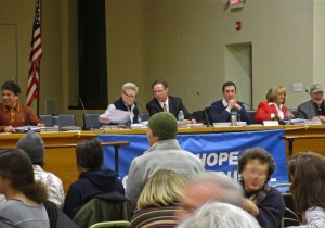 Pictured (L to R) are New Hope Borough Council member Rey Velasco, Council President Shaw, Solicitor T. J, Walsh, and Council Members Nick Gialias, Connie Gering and Bill Scandone
