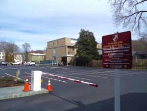 Church parking lot with former preschool location in background.