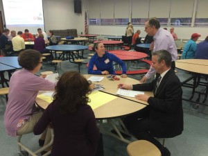 A mix of parents, administrators, teachers and board members discuss in breakout groups at a recent strategic planning meeting