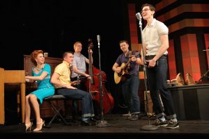(L-R) Elizabeth Nestlerode, Zach Cossman, James David Larson, Maximillian Sangerman and John Dewey in “Buddy: The Buddy Holly Story.” (Photo: Joan Marcus)